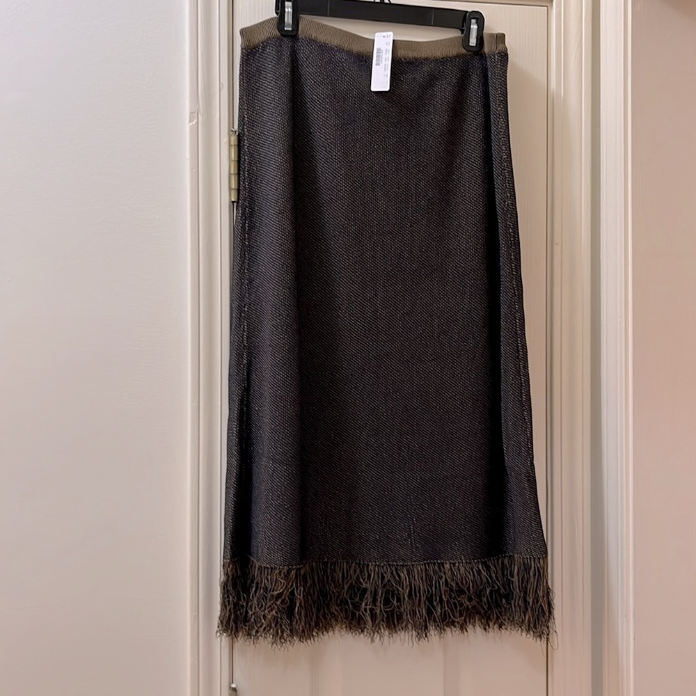 Jcrew A-line midi sweater skirt, light pecan/ navy, fringe wrap sizeL, nwt